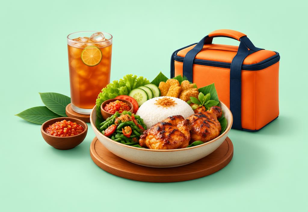Hidangan Indonesia dan tas pengantaran untuk layanan LYZA Food